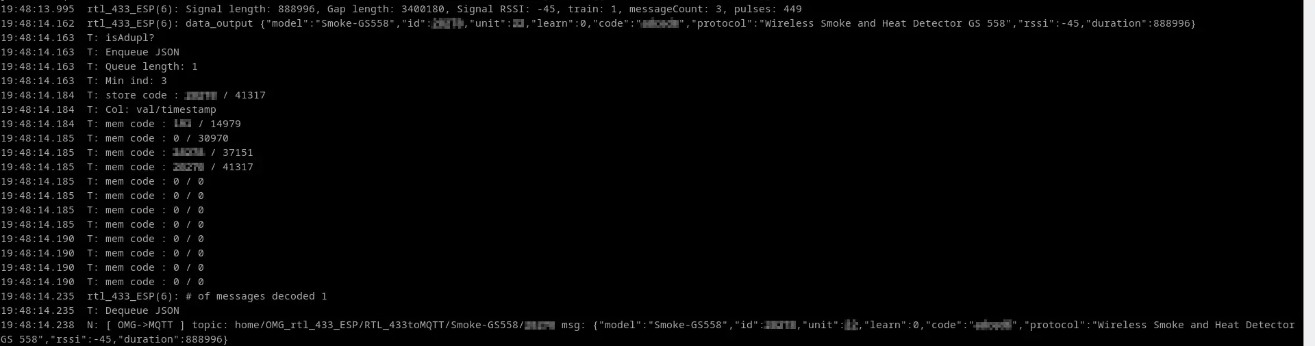 OpenMQTTGateway's terminal log: a received RF code being checked against the duplicate-signal memory and forwarded to MQTT, with device IDs blurred out